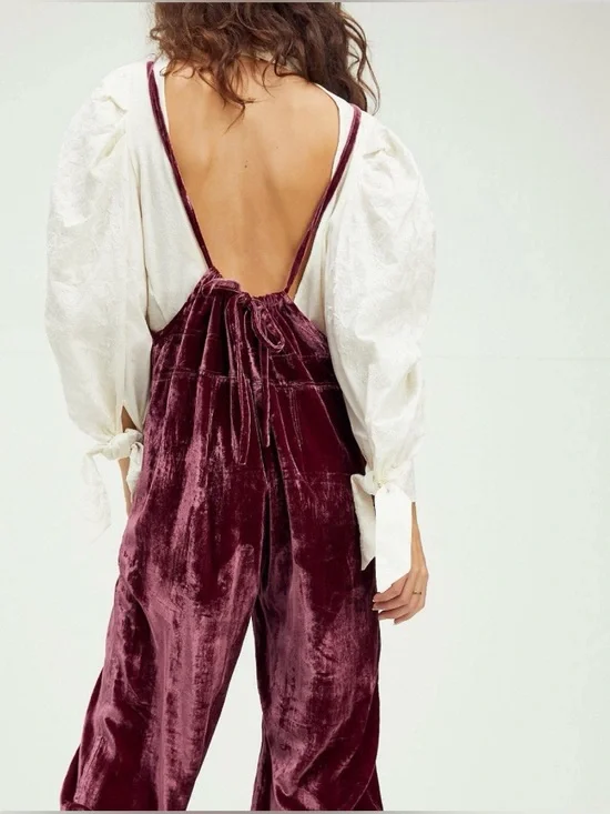 Free People Velvet Jumpsuit Wide Leg Burgundy Boho Overalls Adjustable Large - Picture 11 of 11